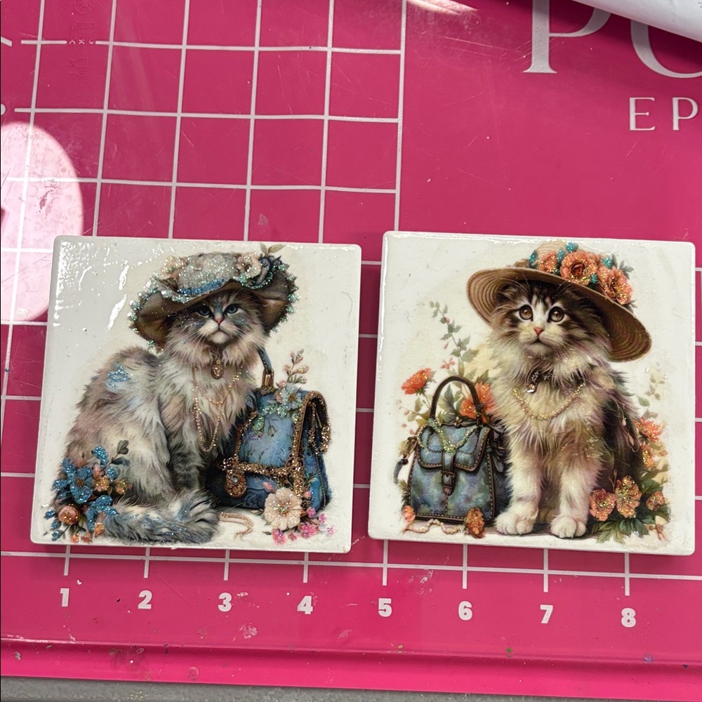 Decorative Cat Tile Coasters - Floral Hat Design, Blue Accents